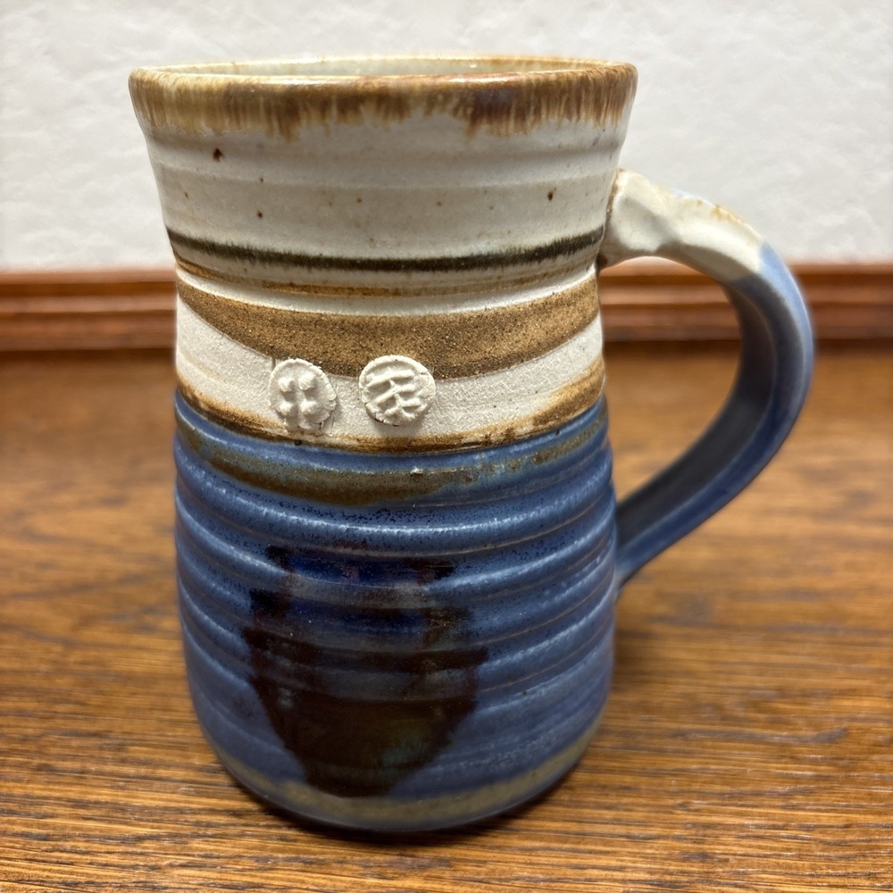 Joe Frank McKee Hand Thrown Signed Studio Pottery Blue, Ivory, Brown Mug